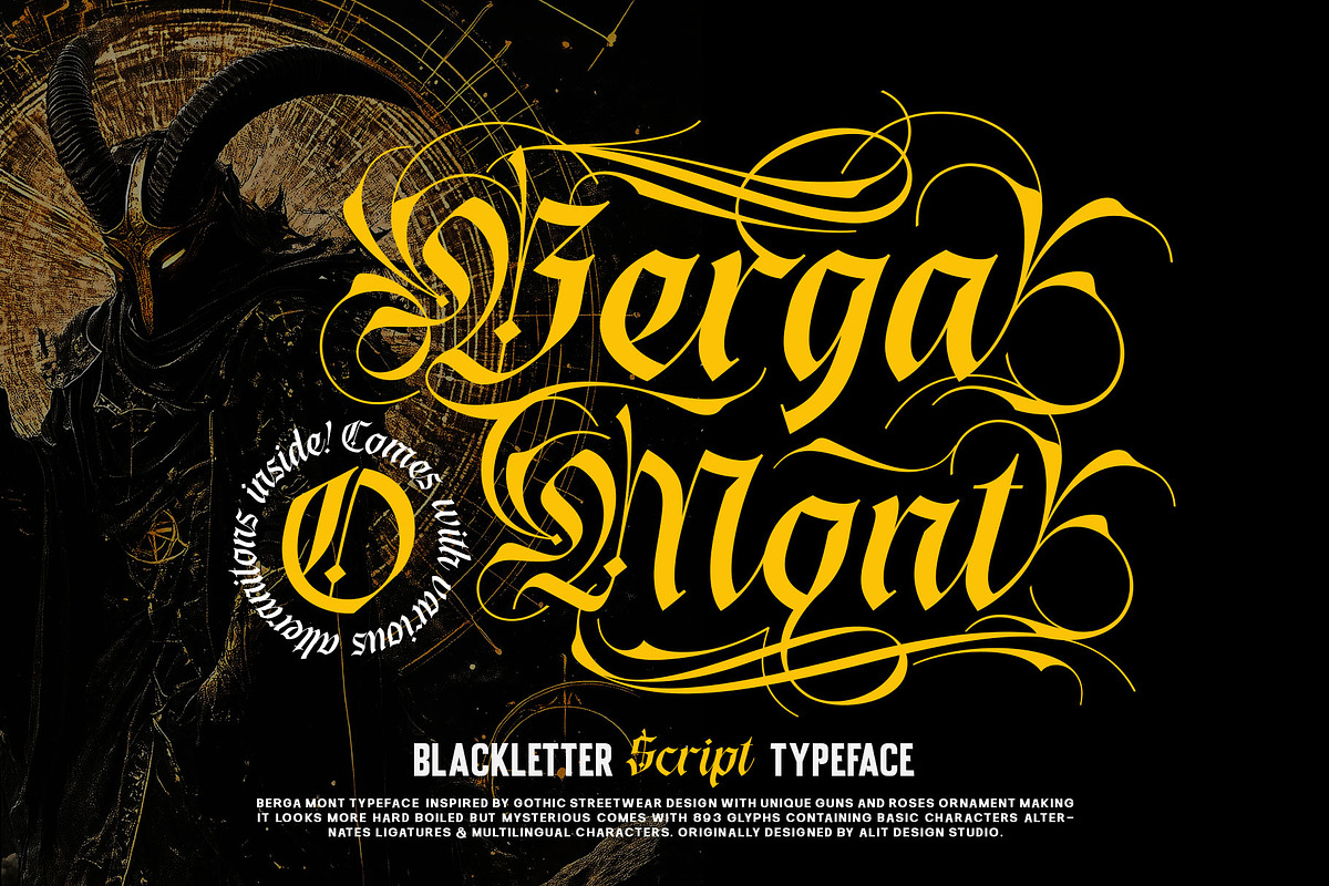 Berga Mont Typeface, a Blackletter Font by alit design (Photo 1 of 17)
