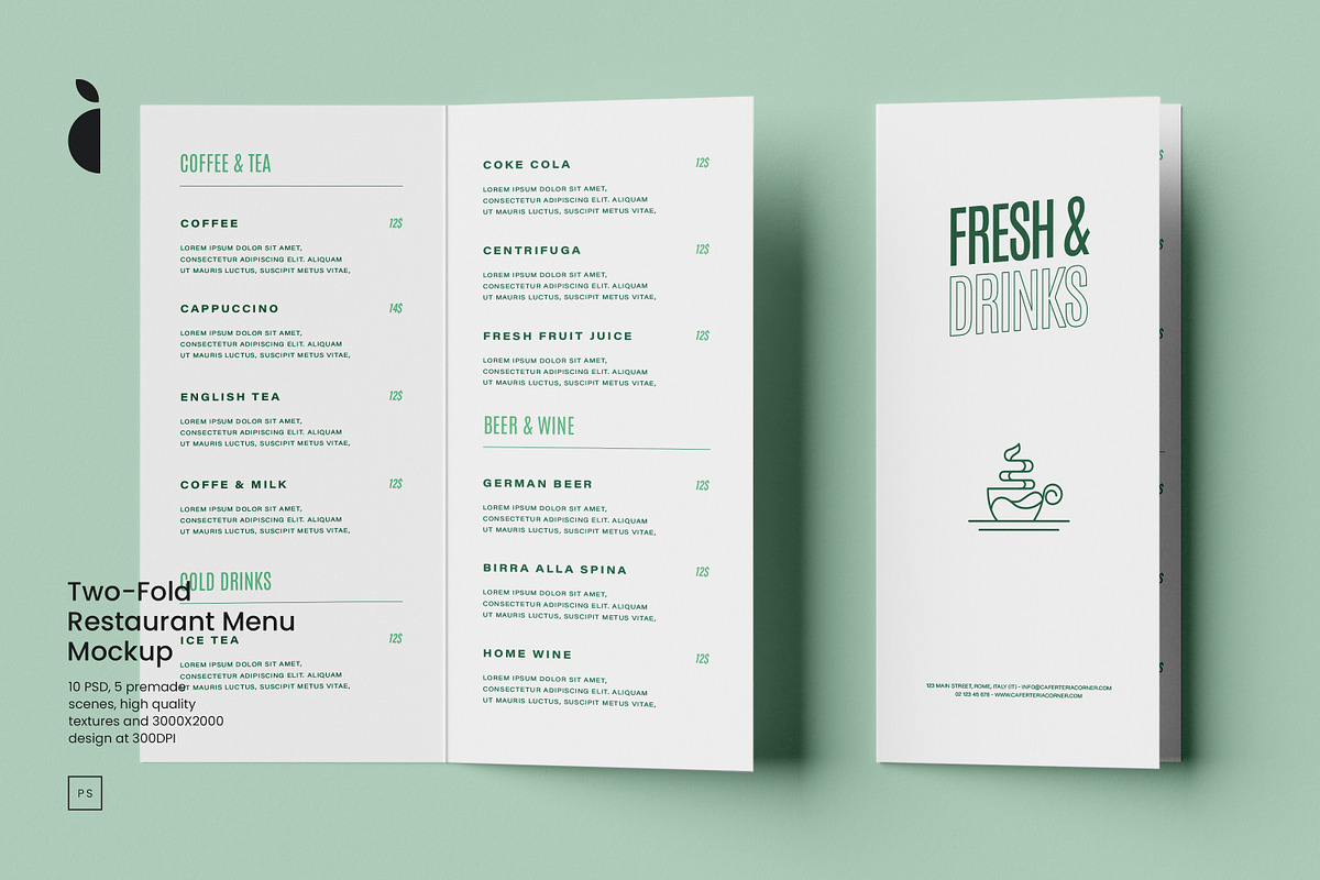 Restaurant Menu Mockup Two Fold, a Books & Magazine Mockup by Catkie - Digital Art (Photo 1 of 7)