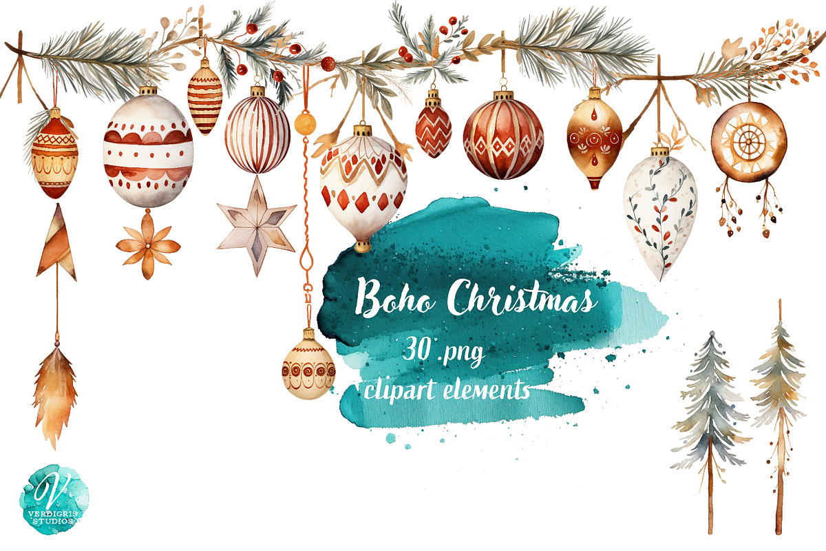 Watercolor Boho Christmas Elements, a Seasonal Illustration by Verdigris Studios (Photo 1 of 3)