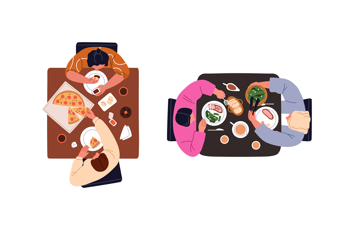 People eating at table top view set, a Food Illustration by Good Studio