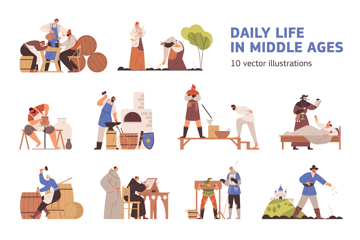 Daily life of medieval people set, a Person Illustration by Good Studio (Photo 1 of 11)