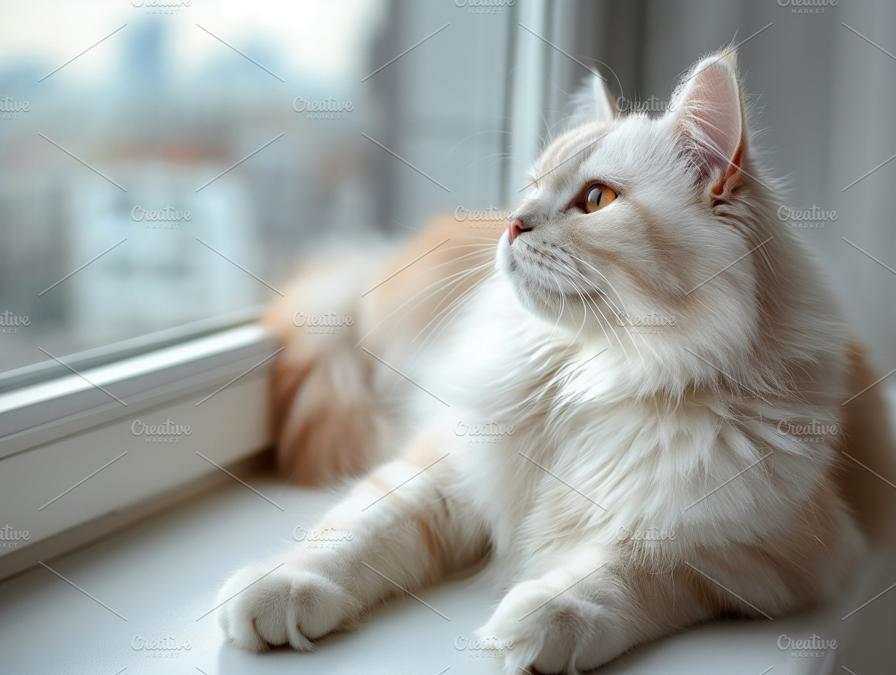 A fluffy cream-colored cat gazes out the window, enjoying the serene view of th, an Animal Photo by ImageMir