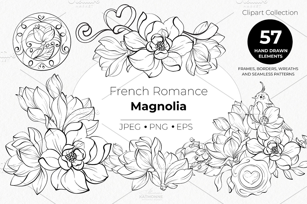 Magnolia Line Art Botanical Vector, a Decorative Illustration by katmonne (Photo 1 of 13)