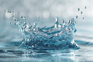 Water droplet splash crown blue liqu, a Photo by Pixeness Studio