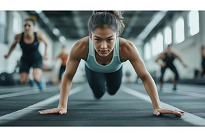 Focused Asian woman performing push, an Architecture Photo by Sergey Kotenev