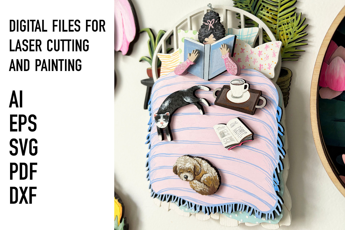 Cozy Reading Girl cat dog Layered, an Object Graphic by HelloWood (Photo 3 of 3)