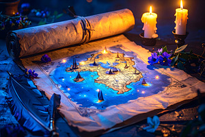 Ancient parchment map glowing with candles and tiny ships, a Background Photo by GoodGoods