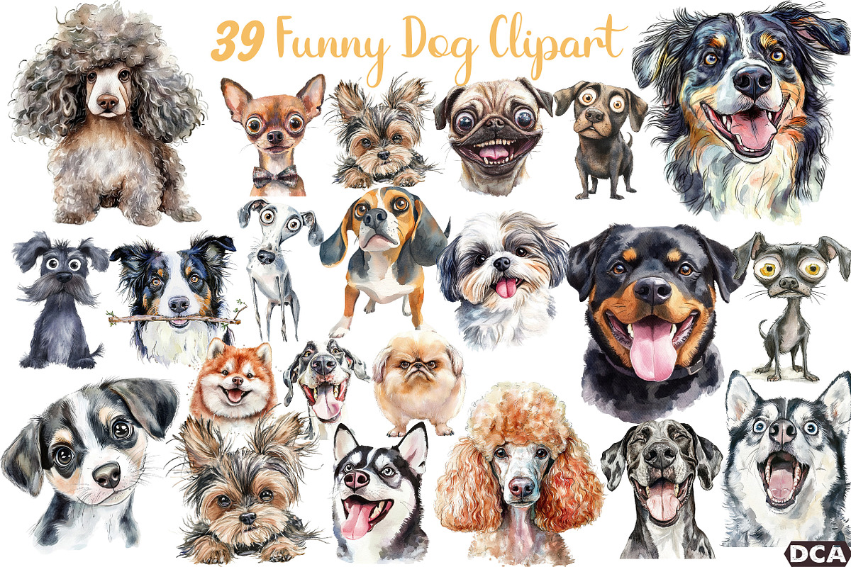 Watercolor Funny Dog Clipart Bundle, an Illustration by DreamCafeArt (Photo 1 of 7)