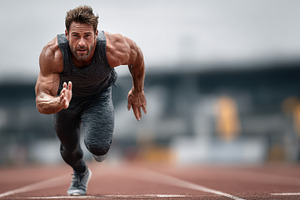 Muscular athlete sprinting on runnin, a Photo by Pixeness Studio