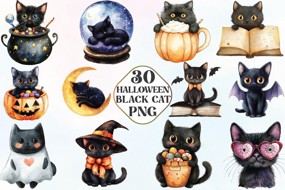 Halloween Black Cat Clipart, an Illustration by CraftArtStudio (Photo 1 of 6)