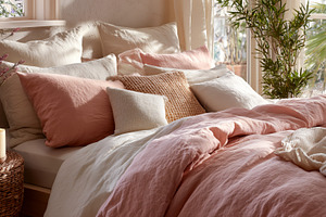 Sunlit Bedroom with Pink, an Architecture Photo by Ocean Digital Art
