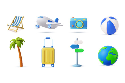 3D Travel and Vacation Icon Set on