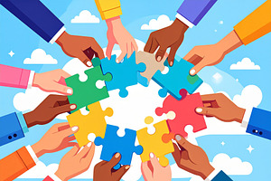 Illustration of hands assembling a mosaic of interlocking puzzle, a Person Illustration by DanFLCreativo