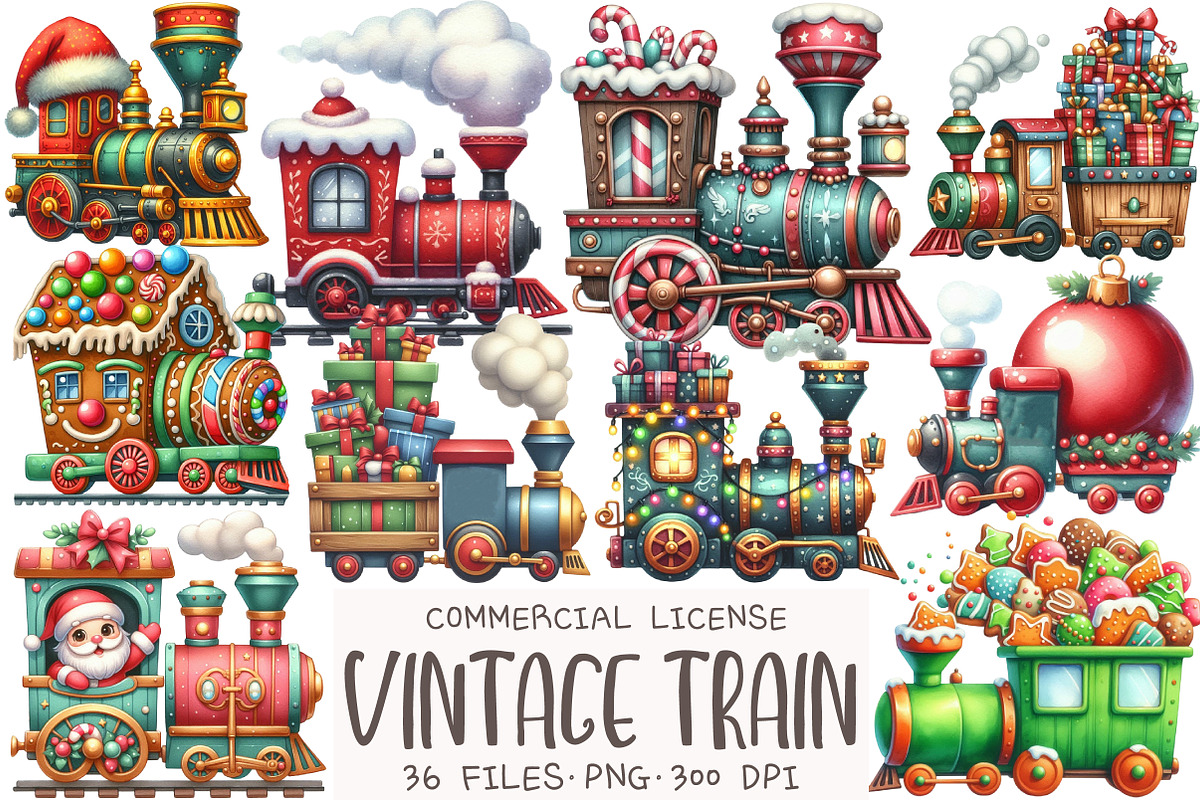 Christmas Vintage Train Clipart, an Illustration by OK Design (Photo 1 of 5)