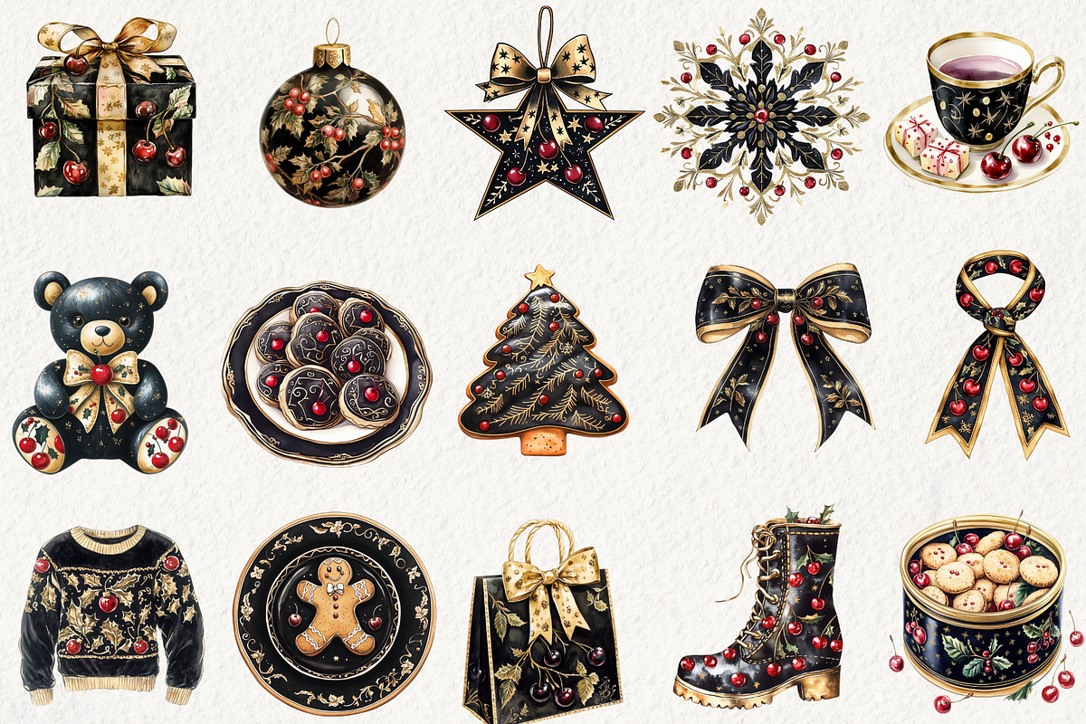 Midnight Cherry Christmas Clipart, an Illustration by NadiaTheronArt (Photo 3 of 6)