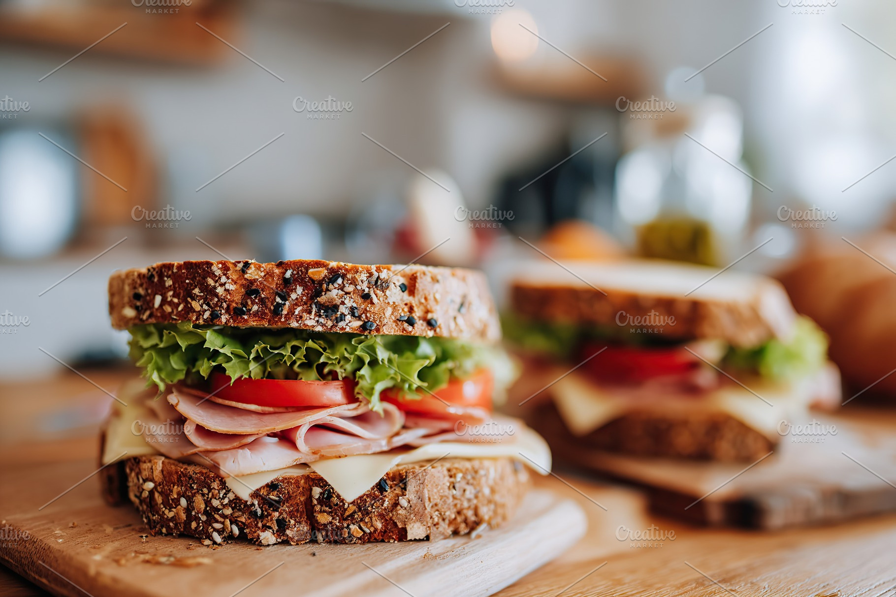 Delicious sandwiches with Swiss cheese, ham, and fresh vegetables on a wooden c, a Photo by AlyaAnd
