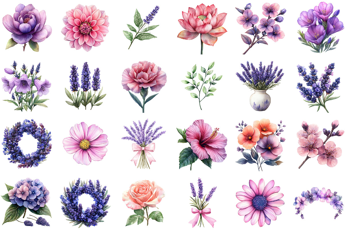 Lavender & Pink Flowers Watercolor, an Illustration by Sublimation Artist (Photo 2 of 6)