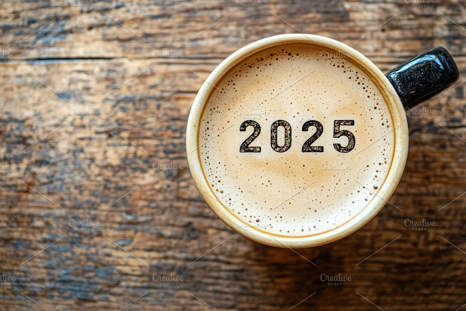 Cup of hot coffee with number 2025, Happy New Year, a Food & Drink Photo by AlyaAnd