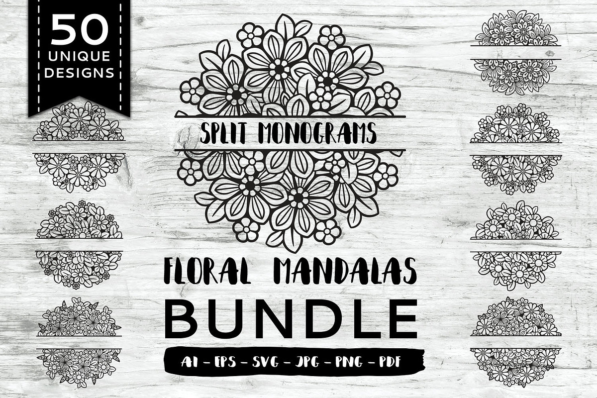 50 Split Floral Mandalas Bundle, a Decorative Illustration by Elinorka (Photo 1 of 9)
