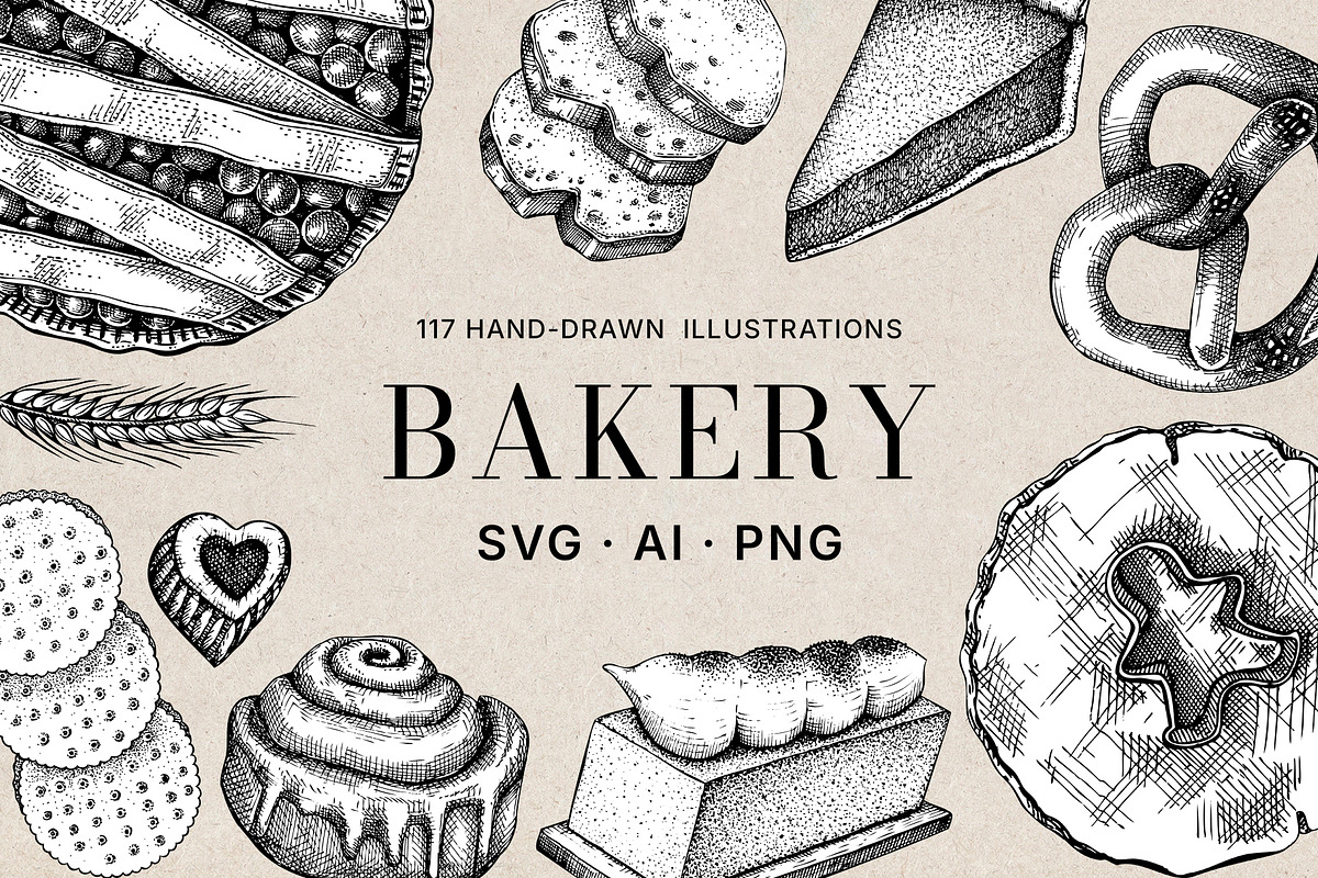 Bakery Illustrations Vector Bundle, a Food Illustration by Yevheniia (Photo 1 of 10)