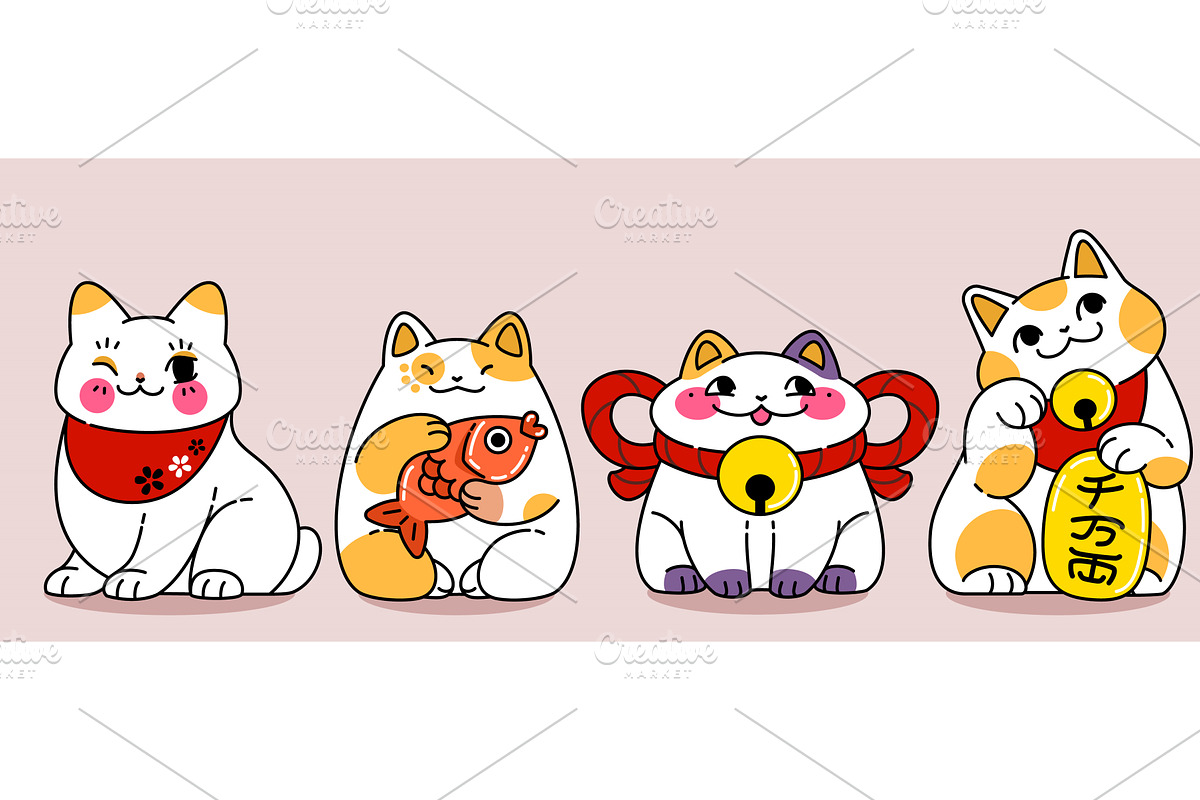 Maneki neko cats set isolated on, an Animal Illustration by art PVP - market