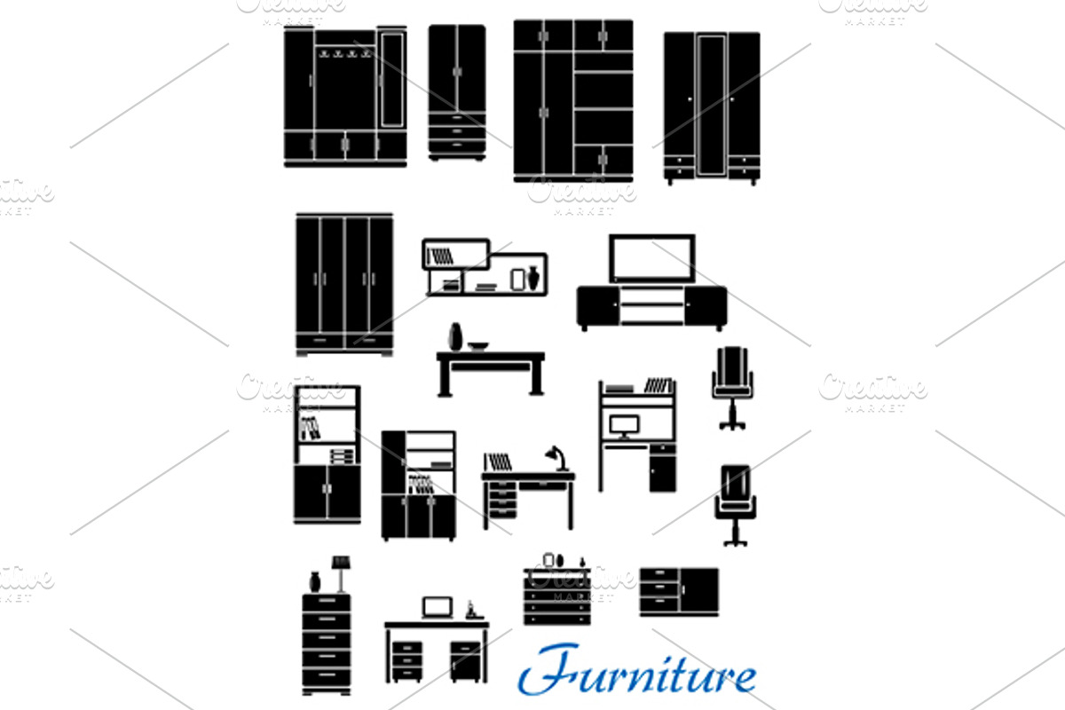 Black wooden furniture flat icons