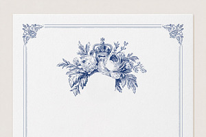 Elegant vintage blue floral crown with roses and an ornamental frame on a white, an Illustration by Studio ANNA