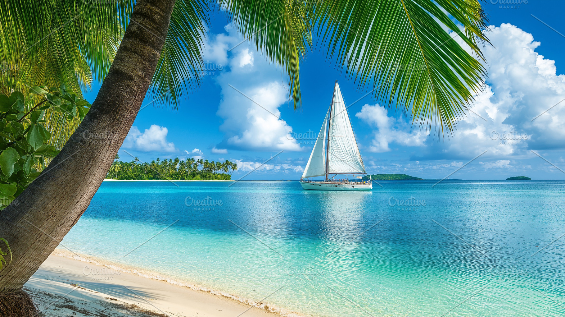 Tropical beach with a sailboat glide, a Nature Photo by MistyDay
