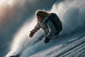 Skier carving through fresh powder in a winter mountain landscape, a Sports & Recreation Photo by OSORIOartist