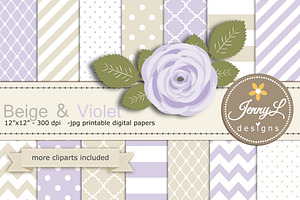 Beige & Violet Digital Paper clipart, a Pattern Graphic by JennyL Designs