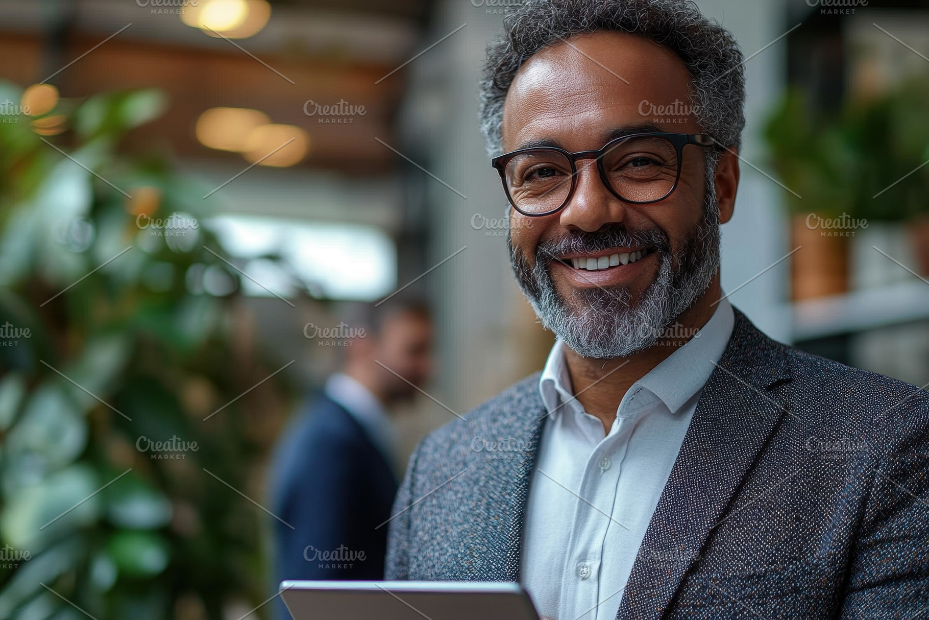 Confident businessman smiles while h, a Photo by Tanuart