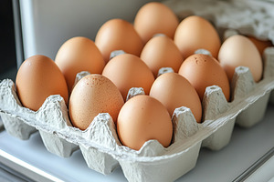 Fresh brown eggs in carton box, a Food & Drink Photo by AlyaAnd