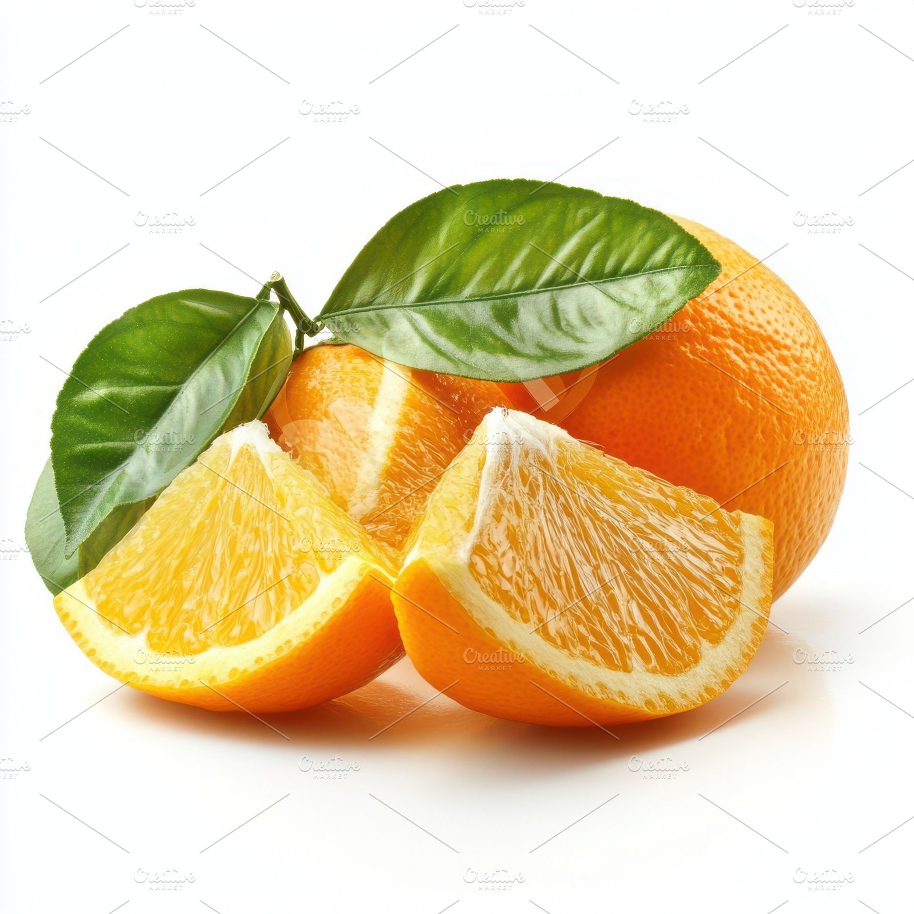 Two orange fruits and slice with gre, a Food & Drink Photo by Pixeness Studio
