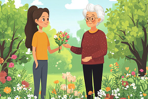 Young girl giving bouquet of tulips to elderly woman in blooming, a Nature Photo by José Manuel Gelpi