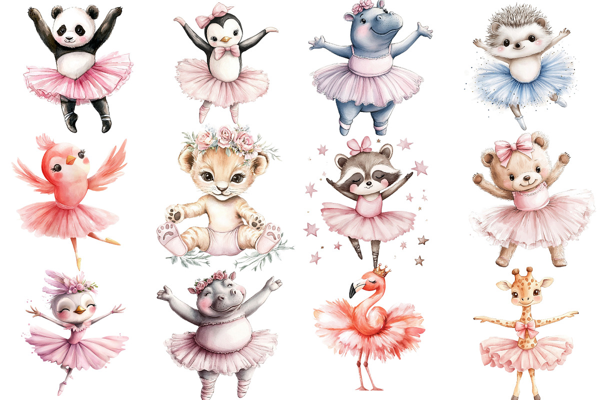 Cute Pink Ballerina Animals Clipart, an Illustration by Watercolor design (Photo 2 of 5)