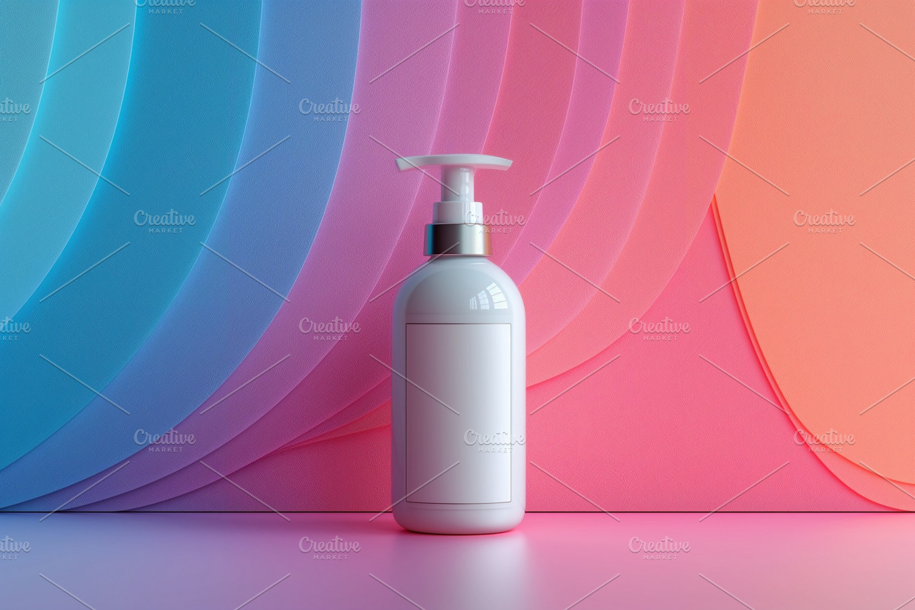 A sleek, white cosmetic pump bottle stands against a vibrant gradient backdrop, a Background Photo by ImageMir
