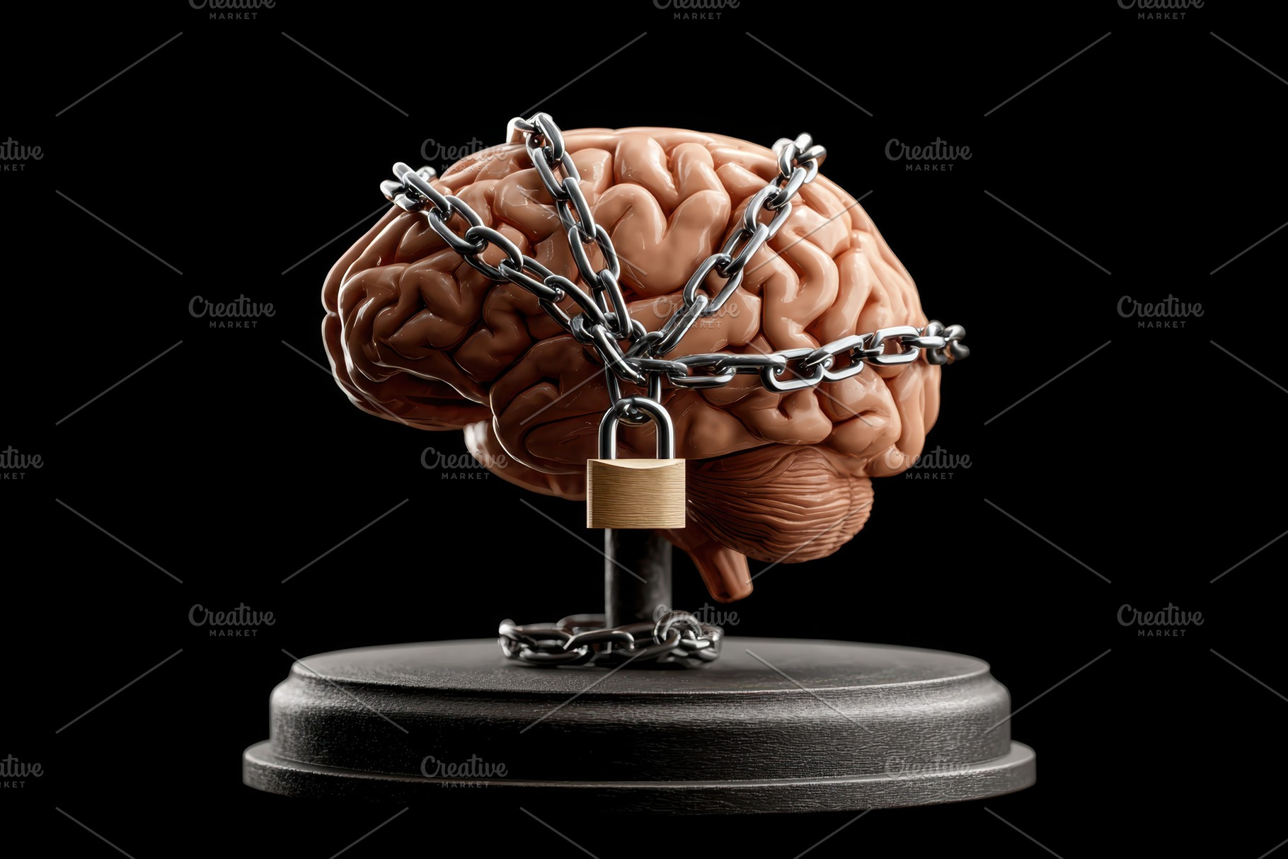 Brain locked in chains symbolizing restriction, a Health & Medical Photo by AlyaAnd