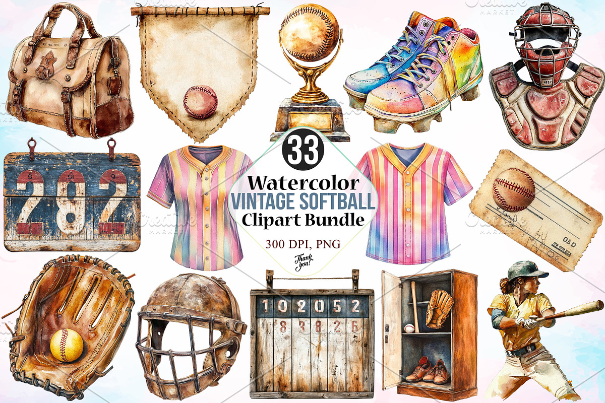 Vintage Softball Clipart Bundle, an Illustration by Canvas Craft (Photo 1 of 4)