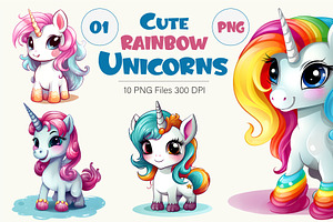 Cute rainbow unicorns 01. PNG Bundle, an Animal Illustration by KENO Mascots