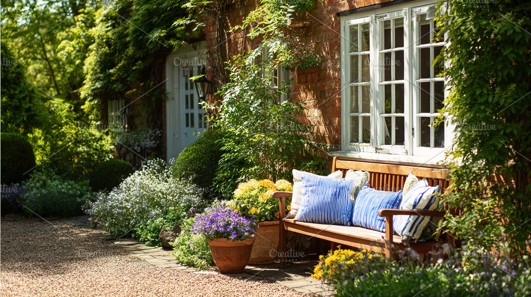 English cottage presenting a beautiful garden with a wooden benc, a Photo by Studio ANNA