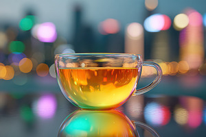 Colorful neon tea in a glass teacup against a vibrant city skyline at dusk, a Food & Drink Photo by AlyaAnd