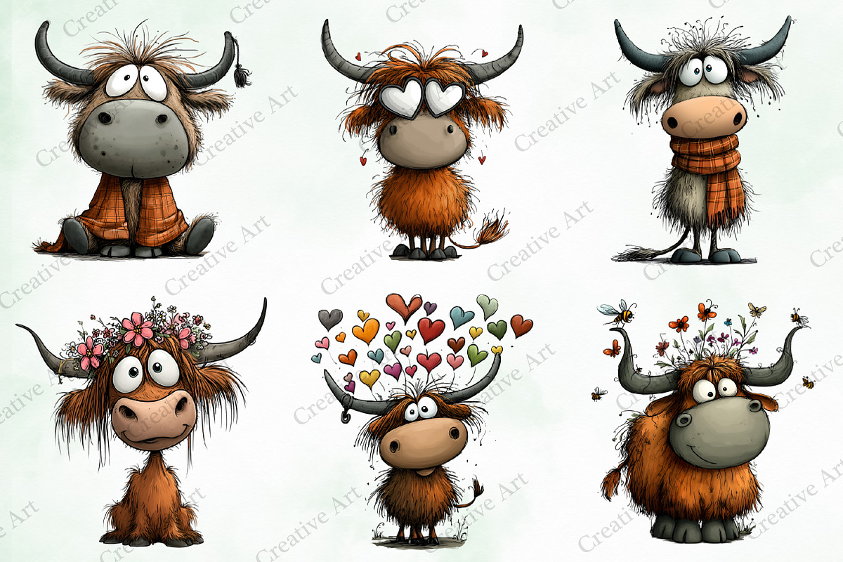 Whimsical Highland Cow Clipart, an Illustration by Creative Art (Photo 6 of 10)