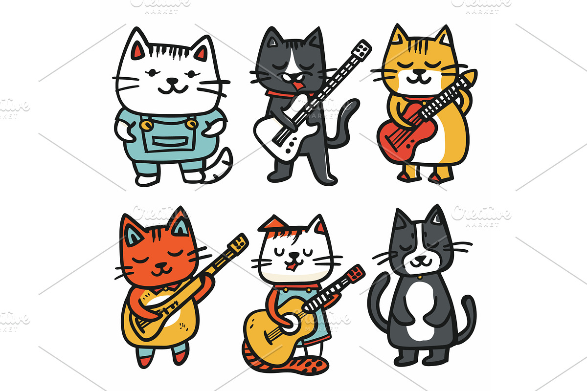 Six cartoon cats playing guitars, a Person Illustration by Vectorstockersland