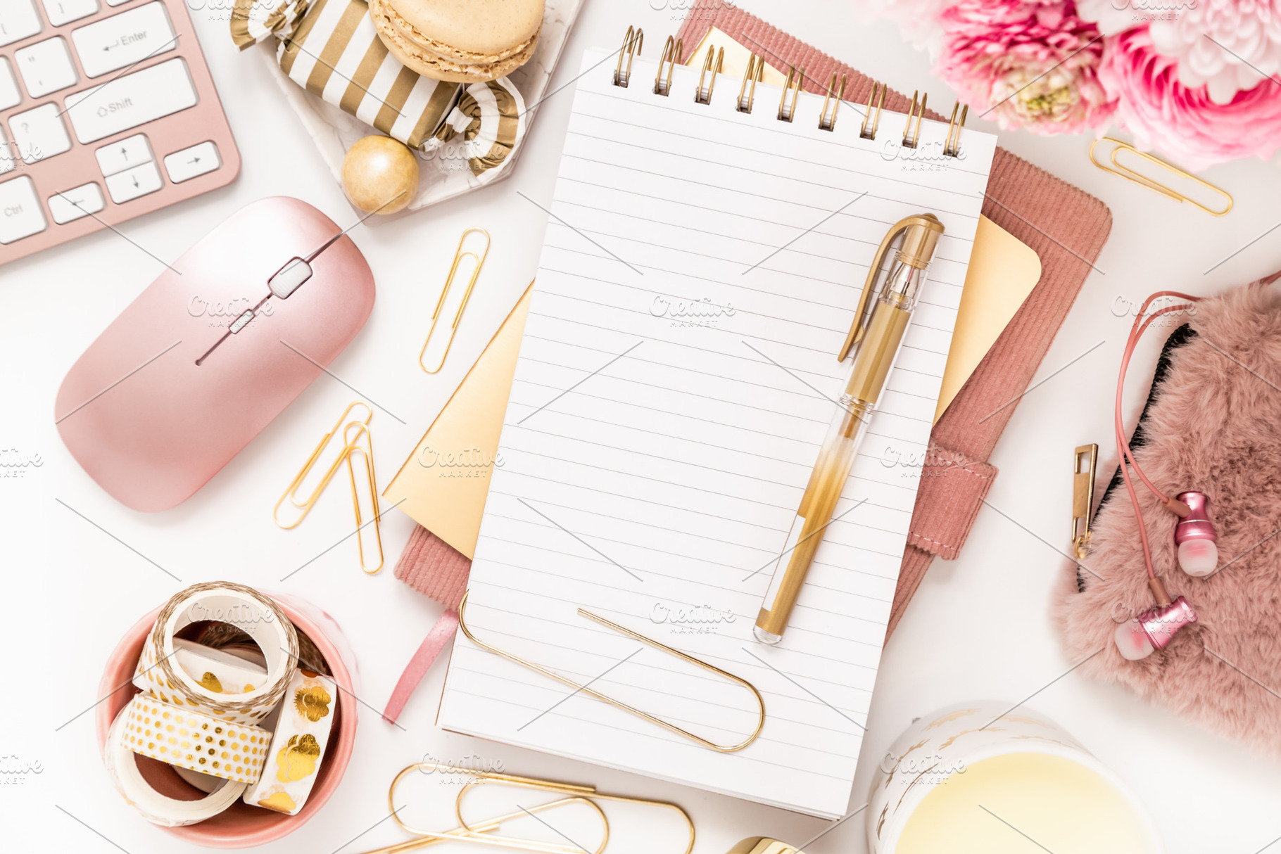 Gold & pink stationery on desktop featuring blog image, blog post images, and, a Business Photo by With Love Monique