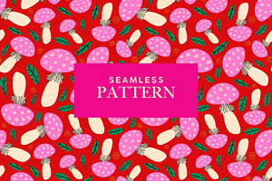 Red Hand Drawn Pattern with Mushroom