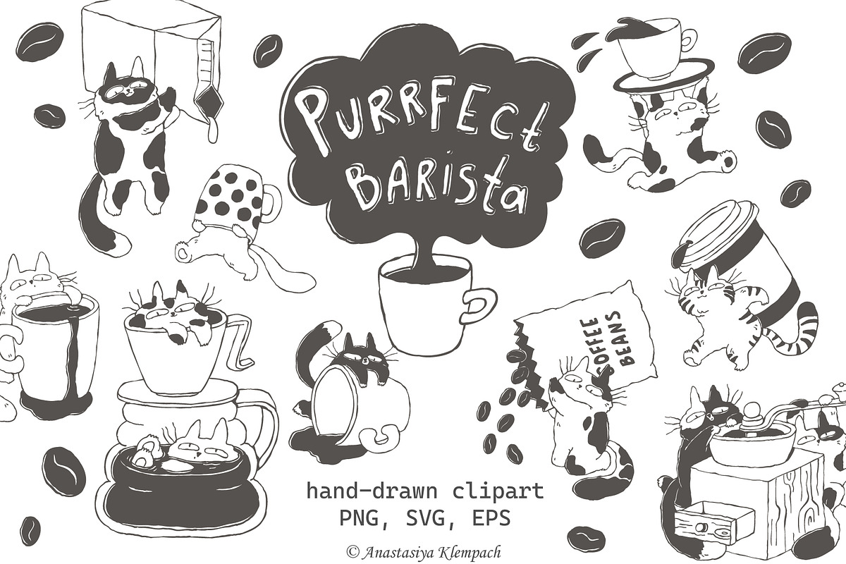 Purrfect Barista Hand Drawn Clipart, an Illustration by Anastasiya Klempach (Photo 1 of 13)