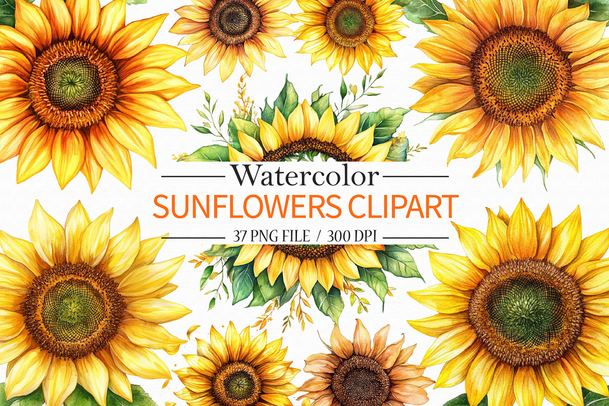 Watercolor Sunflowers Clipart, an Illustration by Libby Wishes (Photo 1 of 7)