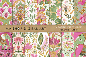 Vibrant Pink & Green Indian Patterns, a Pattern Graphic by Maishop