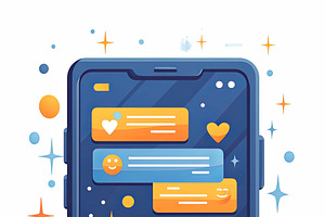 Hand holding smartphone with colorful text messages and emoticons, an Illustration by AS photostudio