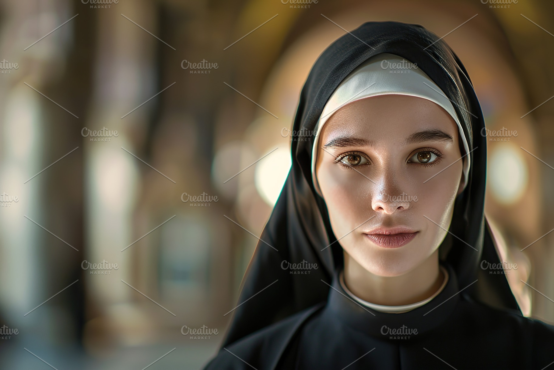Young praying nun in church on blurred background, a Person Photo by AlyaAnd